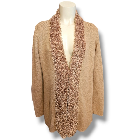 Max Studio faux fur trimmed knit cardigan. Large. - Picture 1 of 6